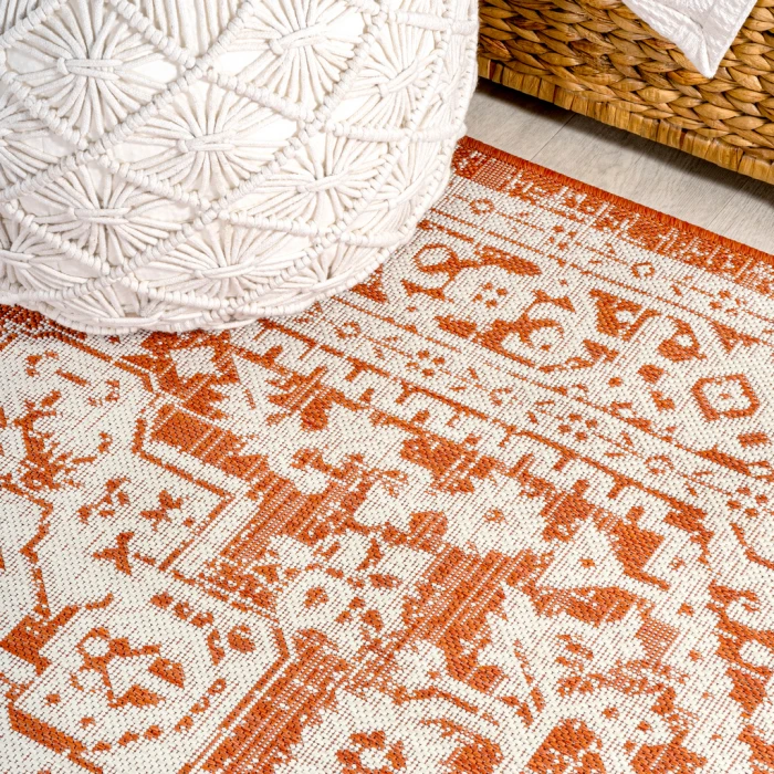 Sinjuri Medallion Textured Weave Orange/Cream 2 ft. x 10 ft. Indoor/Outdoor Runner Rug