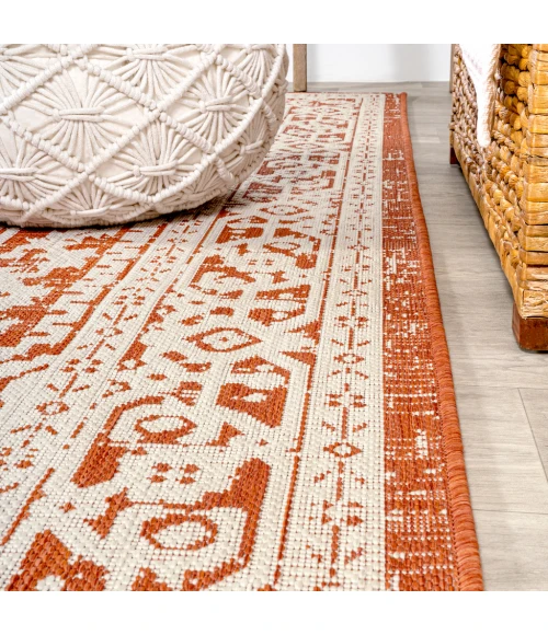 Sinjuri Medallion Textured Weave Orange/Cream 2 ft. x 10 ft. Indoor/Outdoor Runner Rug