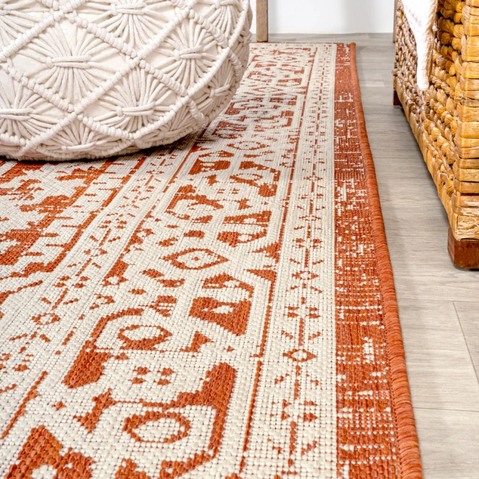 Sinjuri Medallion Textured Weave Orange/Cream 2 ft. x 10 ft. Indoor/Outdoor Runner Rug