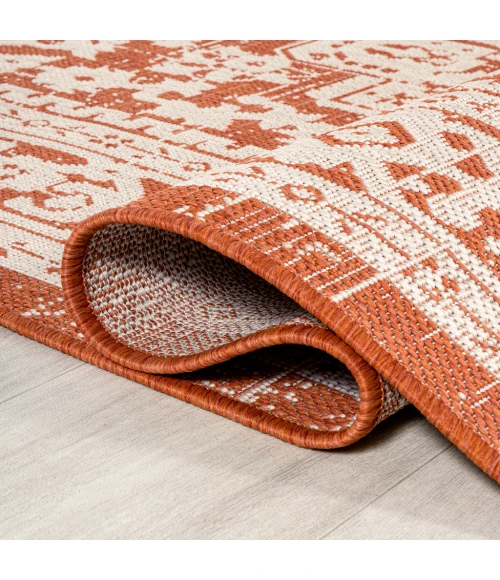 Sinjuri Medallion Textured Weave Orange/Cream 2 ft. x 10 ft. Indoor/Outdoor Runner Rug