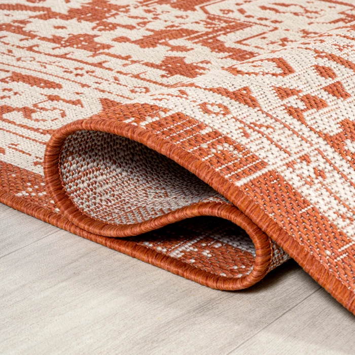 Sinjuri Medallion Textured Weave Orange/Cream 2 ft. x 10 ft. Indoor/Outdoor Runner Rug