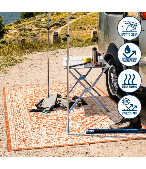 Sinjuri Medallion Textured Weave Orange/Cream 2 ft. x 10 ft. Indoor/Outdoor Runner Rug