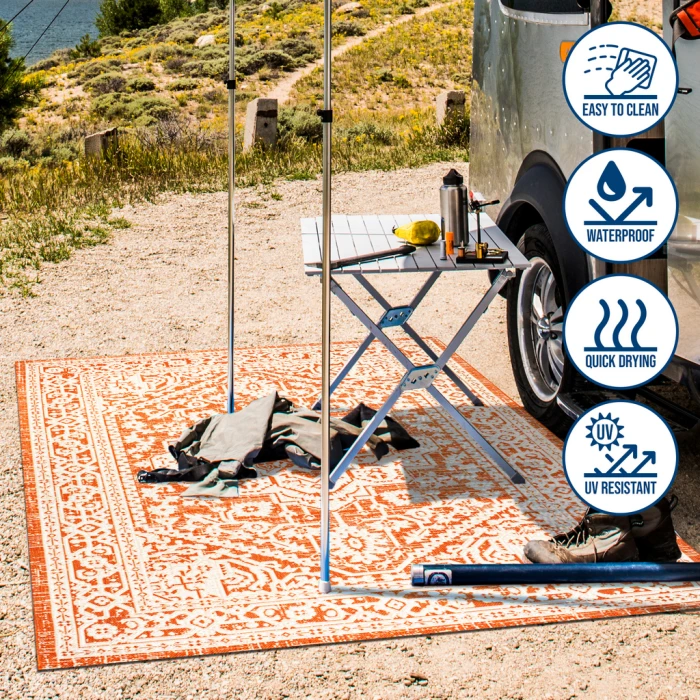 Sinjuri Medallion Textured Weave Orange/Cream 2 ft. x 10 ft. Indoor/Outdoor Runner Rug