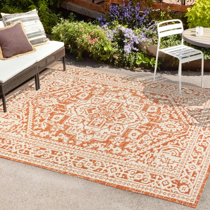 Sinjuri Medallion Textured Weave Orange/Cream 3 ft. x 5 ft. Indoor/Outdoor Area Rug