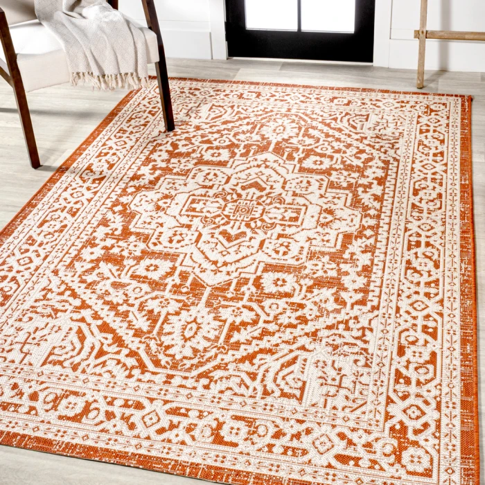 Sinjuri Medallion Textured Weave Orange/Cream 3 ft. x 5 ft. Indoor/Outdoor Area Rug