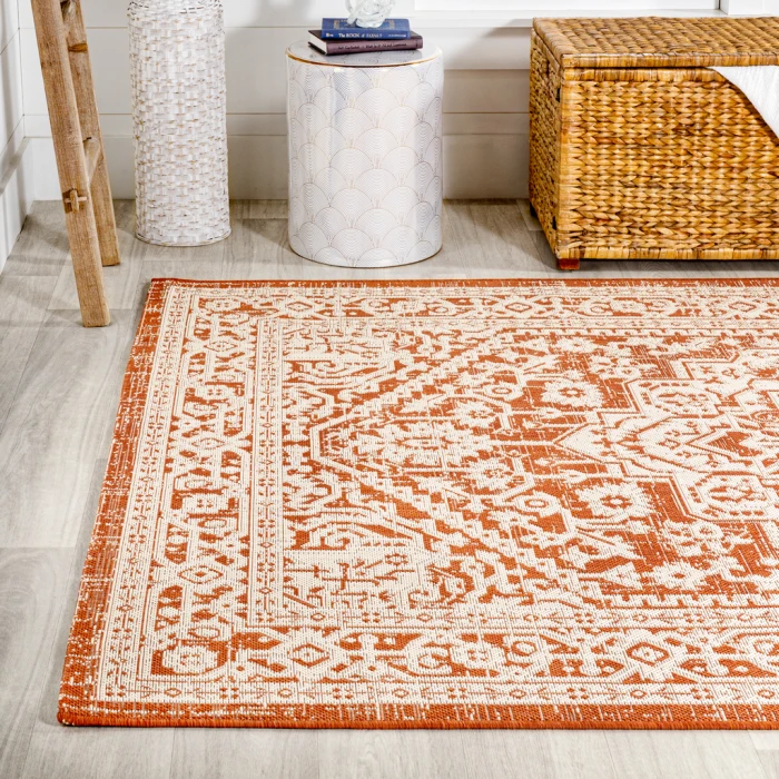 Sinjuri Medallion Textured Weave Orange/Cream 3 ft. x 5 ft. Indoor/Outdoor Area Rug