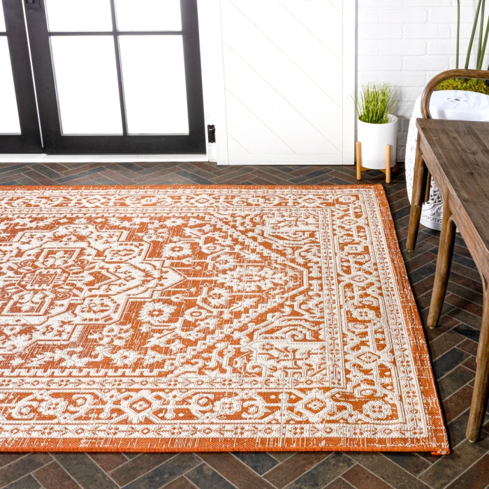 Sinjuri Medallion Textured Weave Orange/Cream 3 ft. x 5 ft. Indoor/Outdoor Area Rug