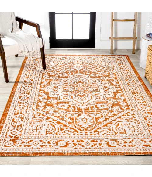 Sinjuri Medallion Textured Weave Orange/Cream 4 ft. x 6 ft. Indoor/Outdoor Area Rug