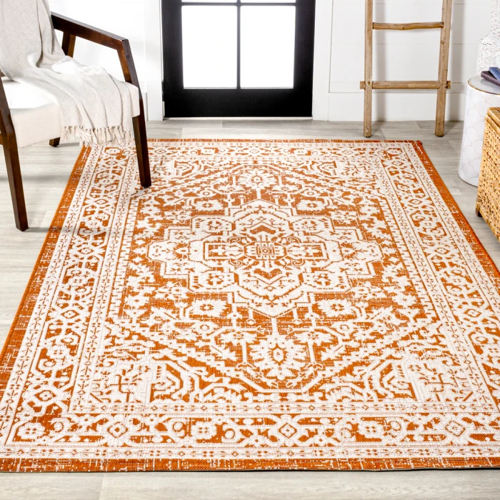 Sinjuri Medallion Textured Weave Orange/Cream 3 ft. x 5 ft. Indoor/Outdoor Area Rug