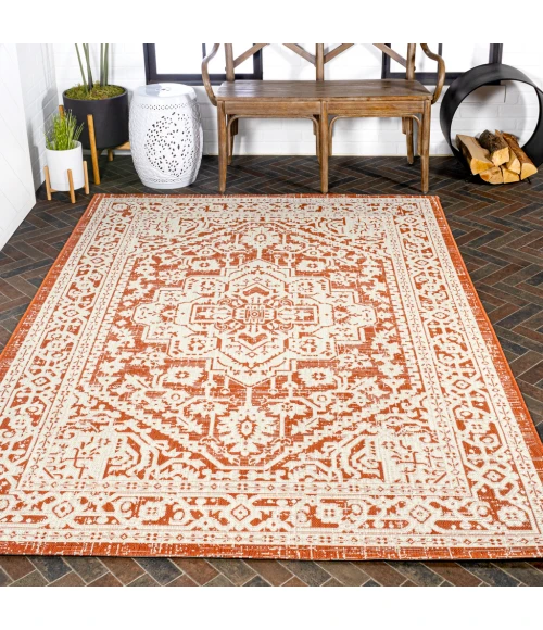 Sinjuri Medallion Textured Weave Orange/Cream 4 ft. x 6 ft. Indoor/Outdoor Area Rug