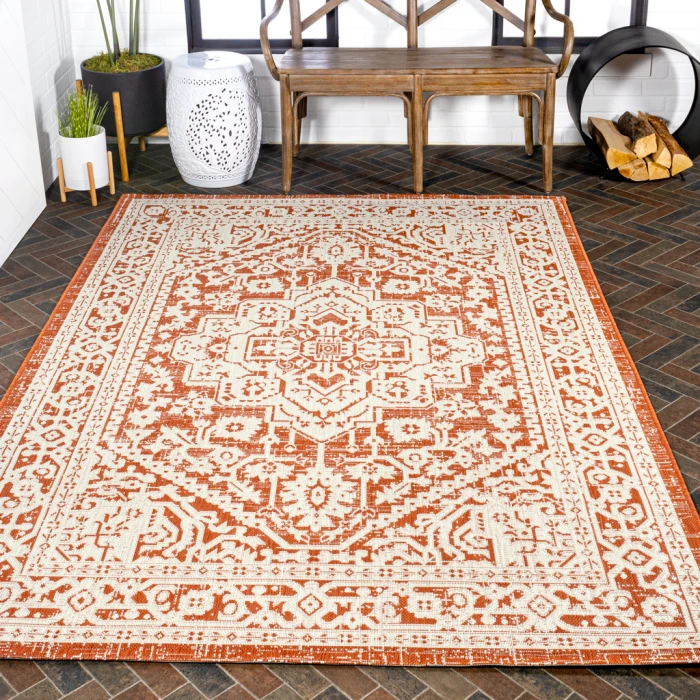 Sinjuri Medallion Textured Weave Orange/Cream 3 ft. x 5 ft. Indoor/Outdoor Area Rug