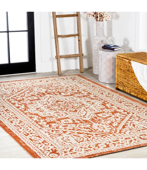 Sinjuri Medallion Textured Weave Orange/Cream 4 ft. x 6 ft. Indoor/Outdoor Area Rug