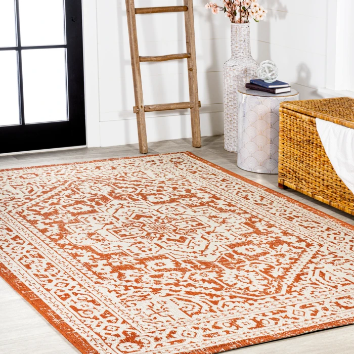 Sinjuri Medallion Textured Weave Orange/Cream 3 ft. x 5 ft. Indoor/Outdoor Area Rug