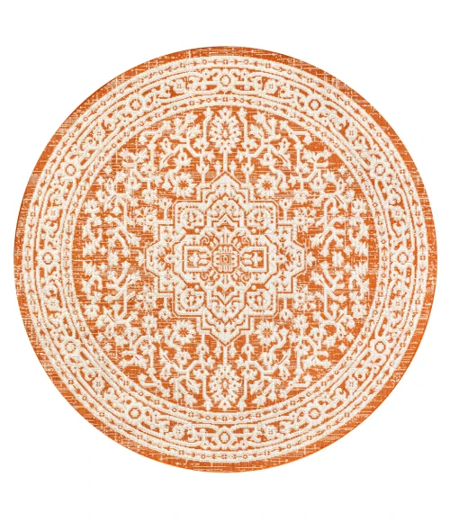 Sinjuri Medallion Textured Weave Orange/Cream 5' Round Indoor/Outdoor Area Rug
