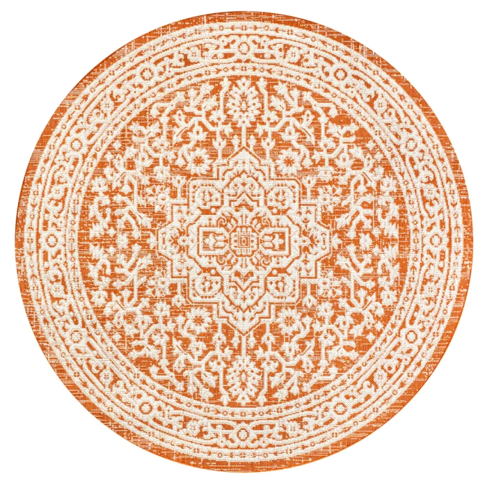 Sinjuri Medallion Textured Weave Orange/Cream 5' Round Indoor/Outdoor Area Rug