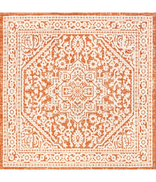 Sinjuri Medallion Textured Weave Orange/Cream 5' Square Indoor/Outdoor Area Rug
