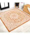 Sinjuri Medallion Textured Weave Orange/Cream 5' Square Indoor/Outdoor Area Rug