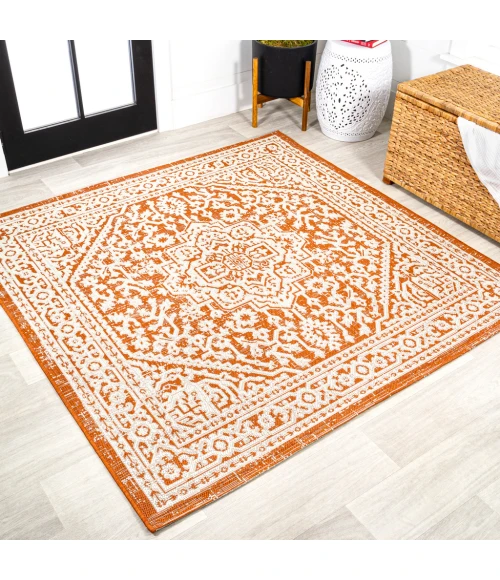 Sinjuri Medallion Textured Weave Orange/Cream 5' Square Indoor/Outdoor Area Rug