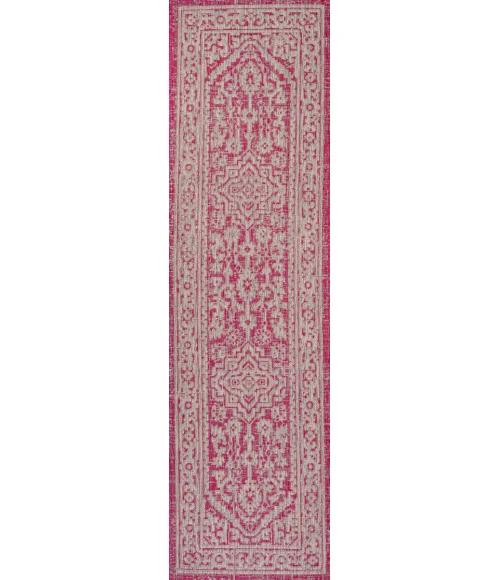 Sinjuri Medallion Textured Weave Fuchsia/Light Gray 2 ft. x 8 ft. Indoor/Outdoor Runner Rug