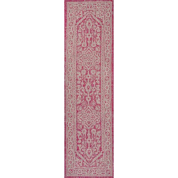 Sinjuri Medallion Textured Weave Fuchsia/Light Gray 2 ft. x 8 ft. Indoor/Outdoor Runner Rug
