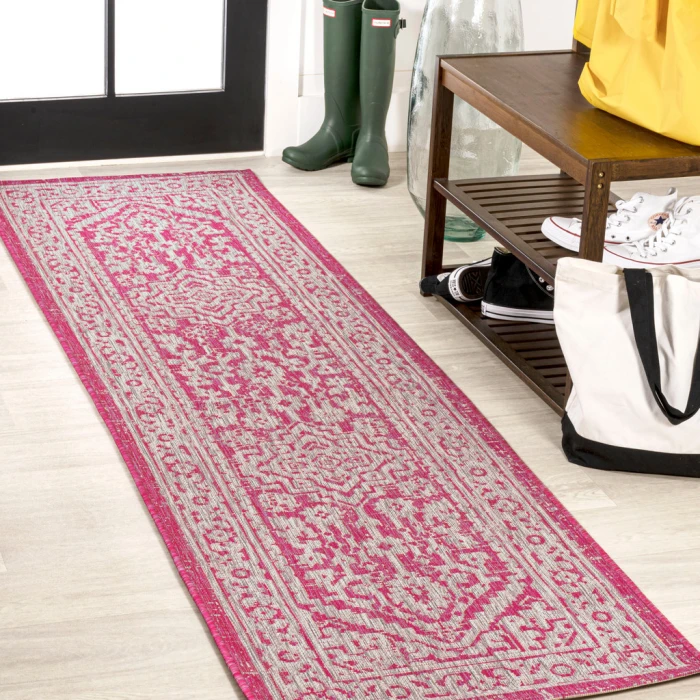 Sinjuri Medallion Textured Weave Fuchsia/Light Gray 2 ft. x 8 ft. Indoor/Outdoor Runner Rug