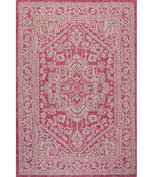 Sinjuri Medallion Textured Weave Fuchsia/Light Gray 8 ft. x 10 ft. Indoor/Outdoor Area Rug