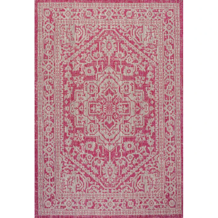 Sinjuri Medallion Textured Weave Fuchsia/Light Gray 9 ft. x 12 ft. Indoor/Outdoor Area Rug