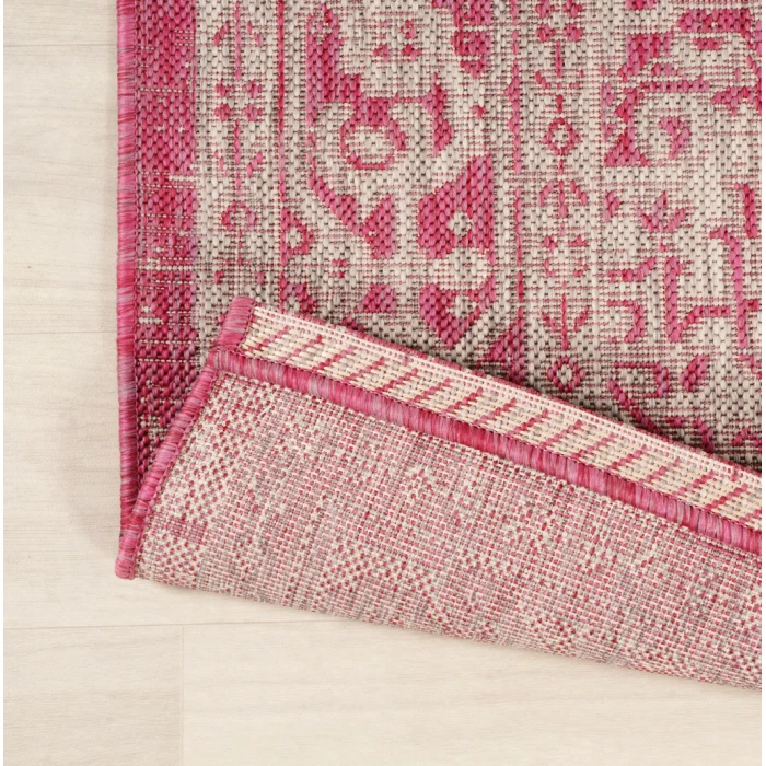 Sinjuri Medallion Textured Weave Fuchsia/Light Gray 2 ft. x 8 ft. Indoor/Outdoor Runner Rug