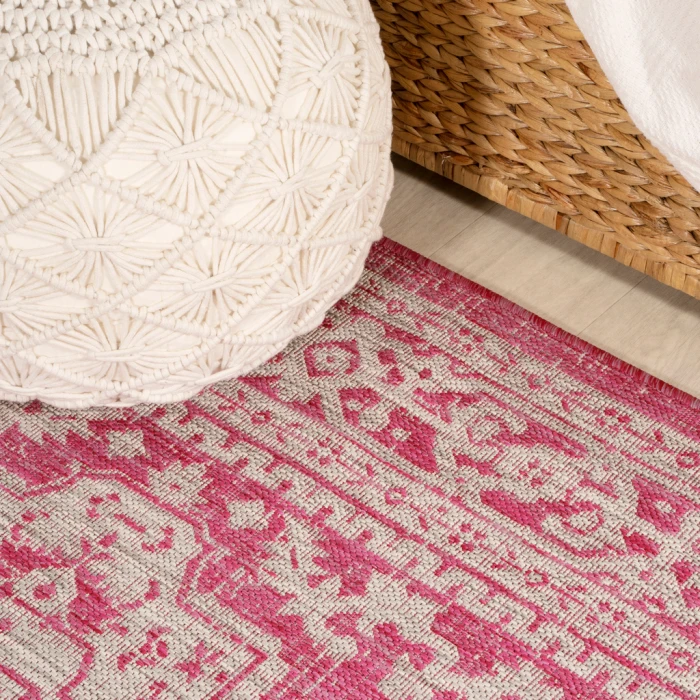Sinjuri Medallion Textured Weave Fuchsia/Light Gray 2 ft. x 8 ft. Indoor/Outdoor Runner Rug