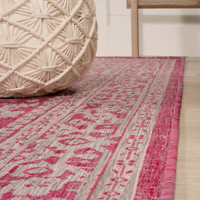 Sinjuri Medallion Textured Weave Fuchsia/Light Gray 2 ft. x 8 ft. Indoor/Outdoor Runner Rug