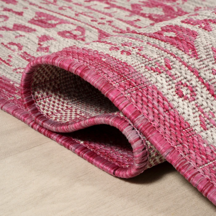 Sinjuri Medallion Textured Weave Fuchsia/Light Gray 2 ft. x 8 ft. Indoor/Outdoor Runner Rug