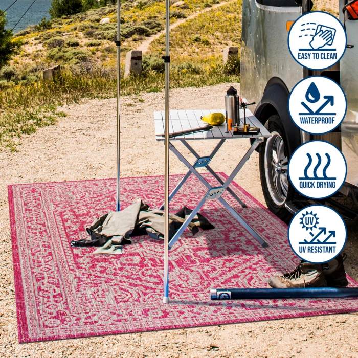Sinjuri Medallion Textured Weave Fuchsia/Light Gray 2 ft. x 8 ft. Indoor/Outdoor Runner Rug