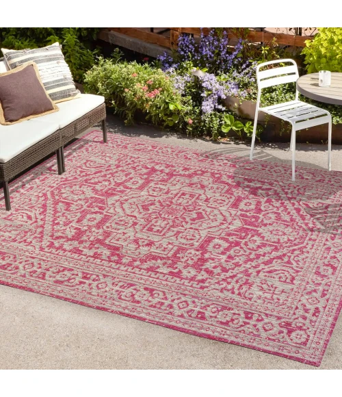 Sinjuri Medallion Textured Weave Fuchsia/Light Gray 8 ft. x 10 ft. Indoor/Outdoor Area Rug
