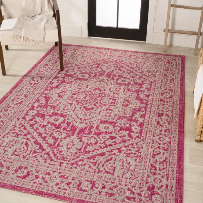 Sinjuri Medallion Textured Weave Fuchsia/Light Gray 9 ft. x 12 ft. Indoor/Outdoor Area Rug