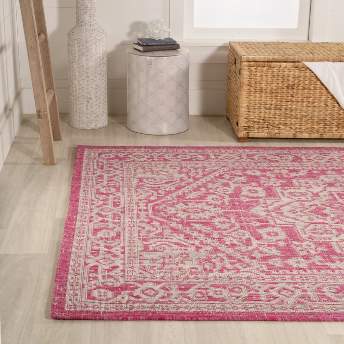 Sinjuri Medallion Textured Weave Fuchsia/Light Gray 9 ft. x 12 ft. Indoor/Outdoor Area Rug