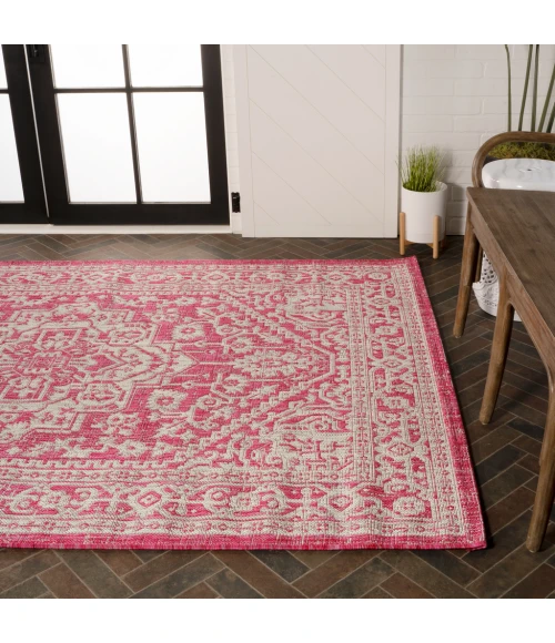 Sinjuri Medallion Textured Weave Fuchsia/Light Gray 8 ft. x 10 ft. Indoor/Outdoor Area Rug