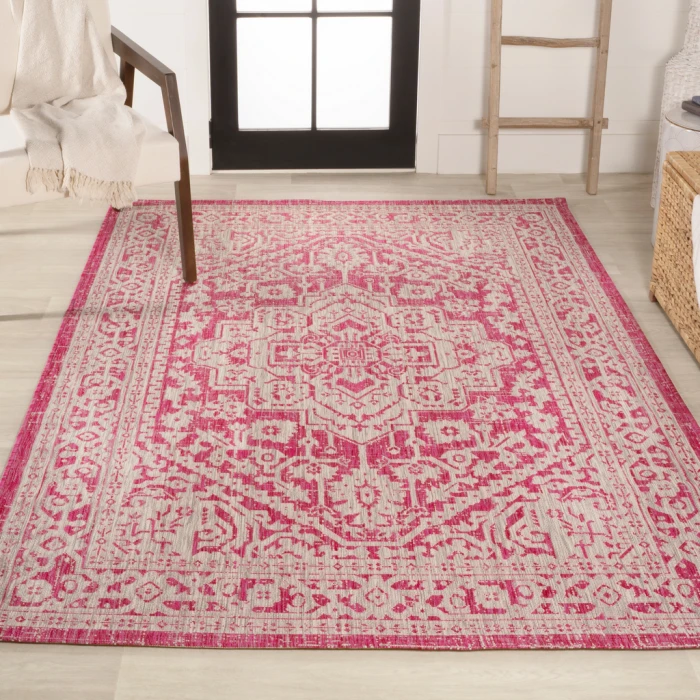 Sinjuri Medallion Textured Weave Fuchsia/Light Gray 9 ft. x 12 ft. Indoor/Outdoor Area Rug
