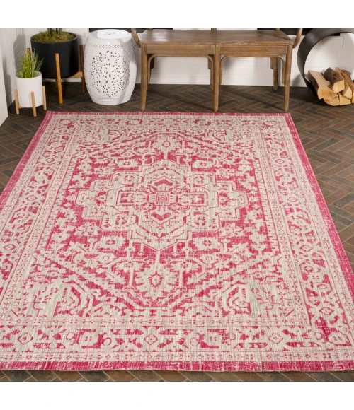Sinjuri Medallion Textured Weave Fuchsia/Light Gray 8 ft. x 10 ft. Indoor/Outdoor Area Rug