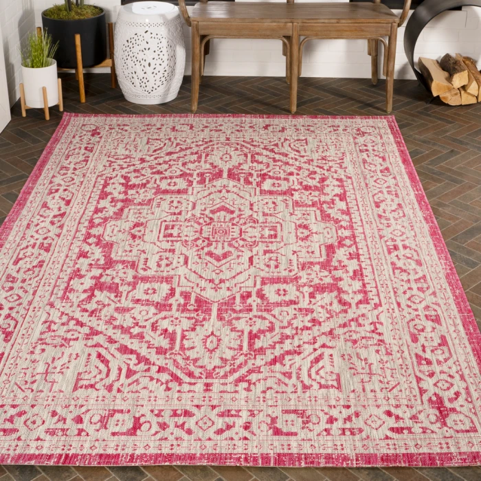 Sinjuri Medallion Textured Weave Fuchsia/Light Gray 9 ft. x 12 ft. Indoor/Outdoor Area Rug