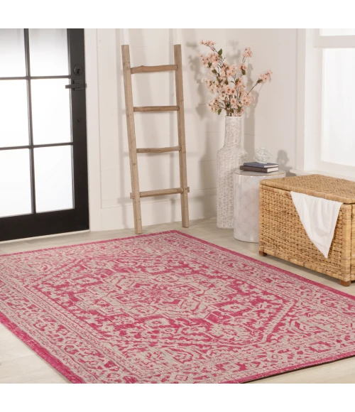 Sinjuri Medallion Textured Weave Fuchsia/Light Gray 8 ft. x 10 ft. Indoor/Outdoor Area Rug