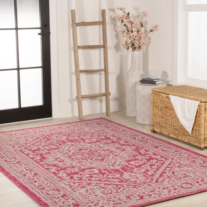 Sinjuri Medallion Textured Weave Fuchsia/Light Gray 9 ft. x 12 ft. Indoor/Outdoor Area Rug