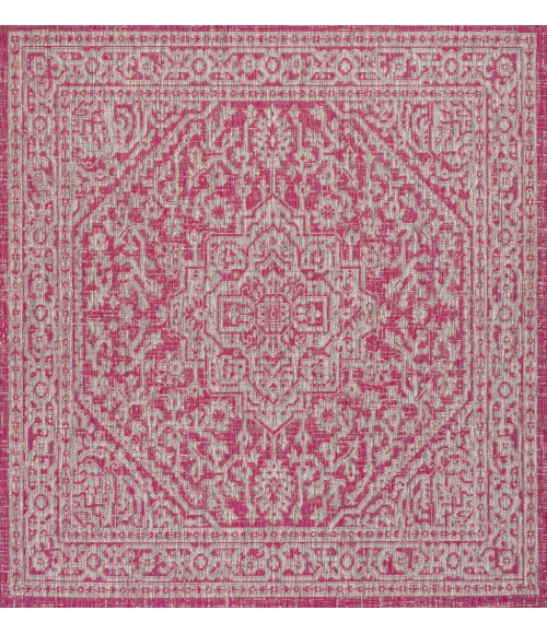 Sinjuri Medallion Textured Weave Fuchsia/Light Gray 5' Square Indoor/Outdoor Area Rug
