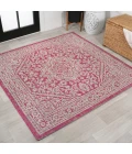 Sinjuri Medallion Textured Weave Fuchsia/Light Gray 5' Square Indoor/Outdoor Area Rug