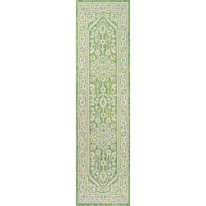 Sinjuri Medallion Textured Weave Cream/Green 2 ft. x 8 ft. Indoor/Outdoor Runner Rug