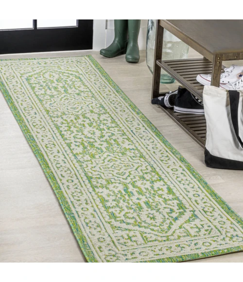 Sinjuri Medallion Textured Weave Cream/Green 2 ft. x 10 ft. Indoor/Outdoor Runner Rug