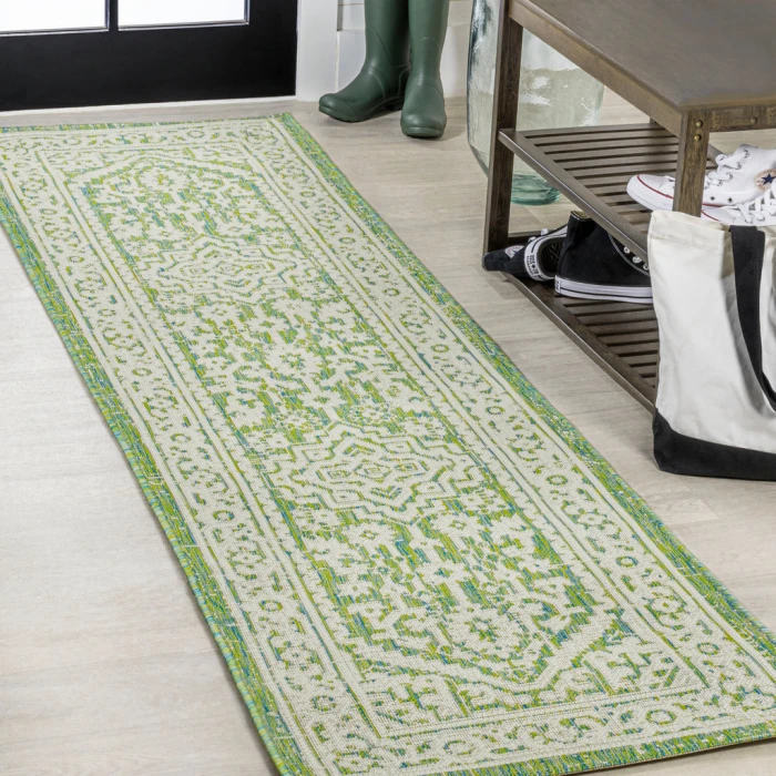 Sinjuri Medallion Textured Weave Cream/Green 2 ft. x 8 ft. Indoor/Outdoor Runner Rug