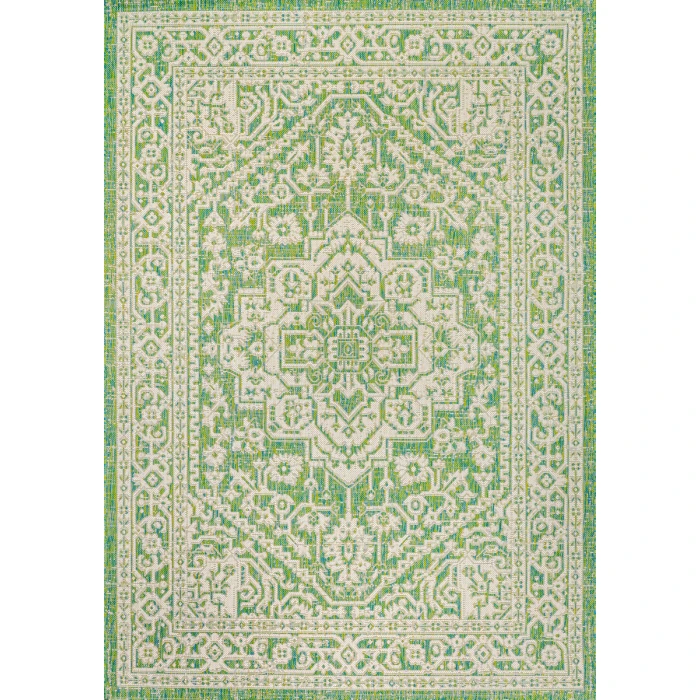Sinjuri Medallion Textured Weave Cream/Green 9 ft. x 12 ft. Indoor/Outdoor Area Rug