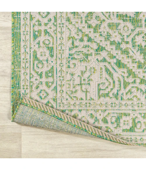 Sinjuri Medallion Textured Weave Cream/Green 2 ft. x 10 ft. Indoor/Outdoor Runner Rug