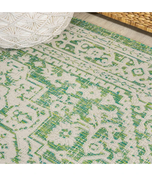 Sinjuri Medallion Textured Weave Cream/Green 2 ft. x 10 ft. Indoor/Outdoor Runner Rug