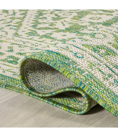 Sinjuri Medallion Textured Weave Cream/Green 2 ft. x 10 ft. Indoor/Outdoor Runner Rug